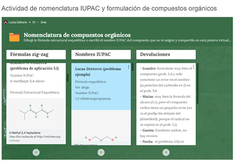 Figura 8. Ejemplo de pizarra virtual empleada para el aprendizaje de nomenclatura de compuestos orgánicos. El padlet puede ser embebido en el campus con el editor de html.