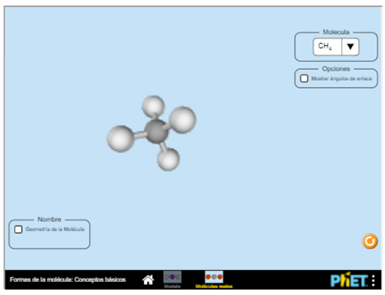 Figura 10. Captura de pantalla del programa “Forma de las moléculas” para la simulación de estructuras moleculares tridimensionales